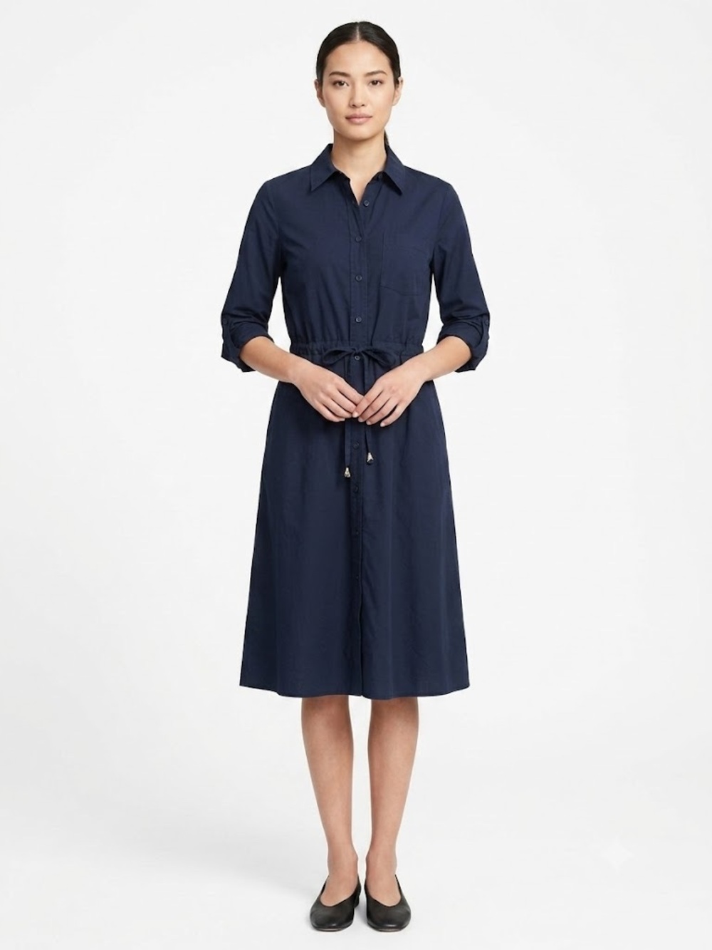 Donna Karan Navy Button-Front Midi Shirt Dress